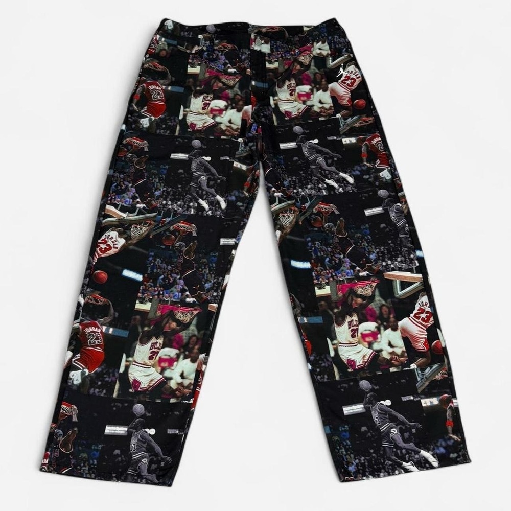Jordan Flight Woven Pants w collage of basketball players and action shots Sz 38